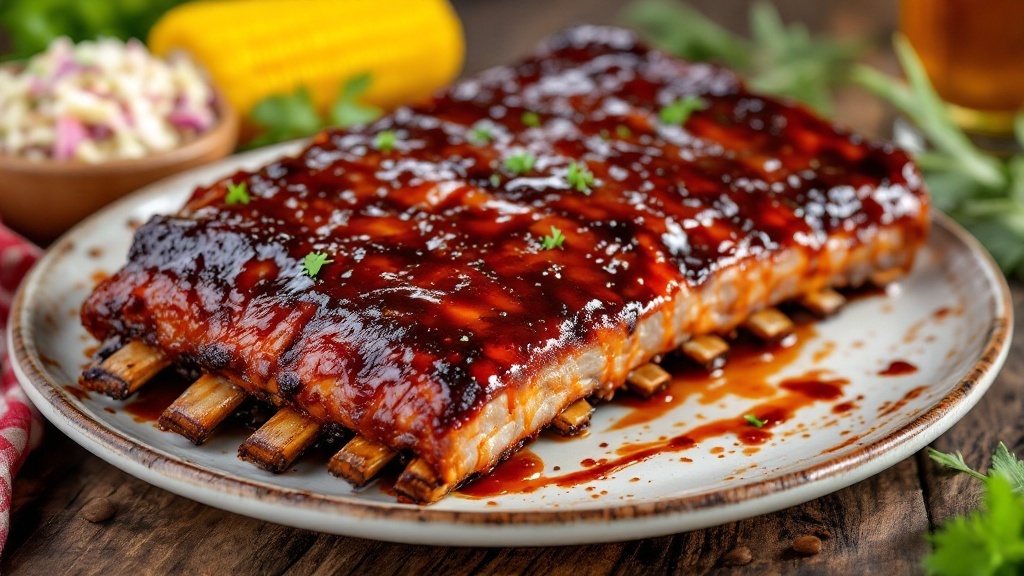Delicious BBQ ribs with a glossy sauce, served with coleslaw and corn on a rustic table.